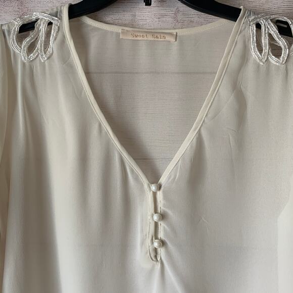 Sweet Rain Off-White Blouse with Beaded Cutout Shoulders V-Neck 3/4 Sleeves - Picture 16 of 16